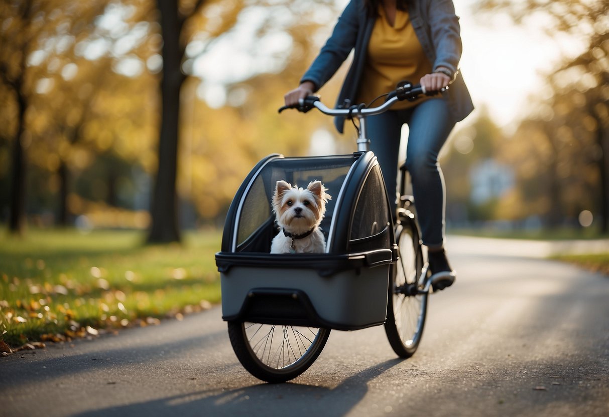 A person biking with a leashed pet, following local regulations. The pet is safely secured in a pet carrier attached to the bike