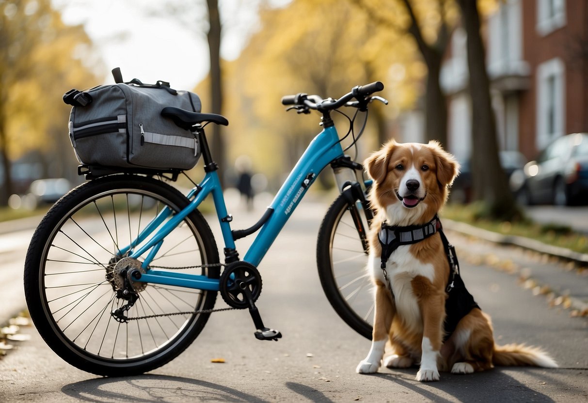 A dog sits eagerly next to a bike, wearing a harness and leash. A water bottle and collapsible bowl are attached to the bike. The owner holds a bag of treats and a first aid kit