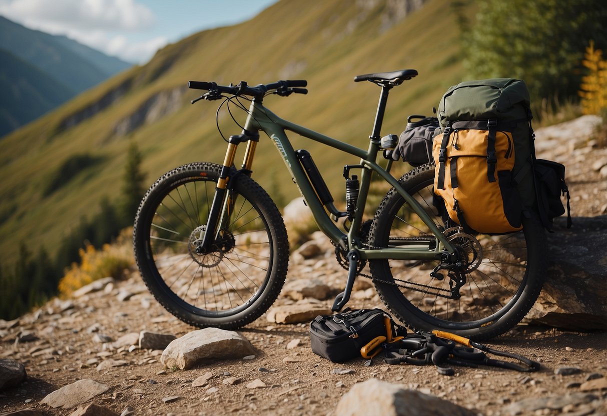 A mountain bike parked next to a rocky trail, with a backpack and five different multi-tools laid out neatly on a flat surface