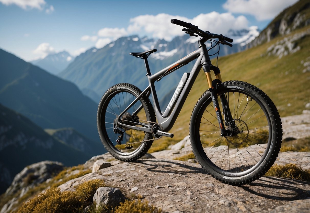 A mountain bike lies against a rocky trail. Nearby, a Victorinox SwissTool is open, displaying its various multi-tool functions