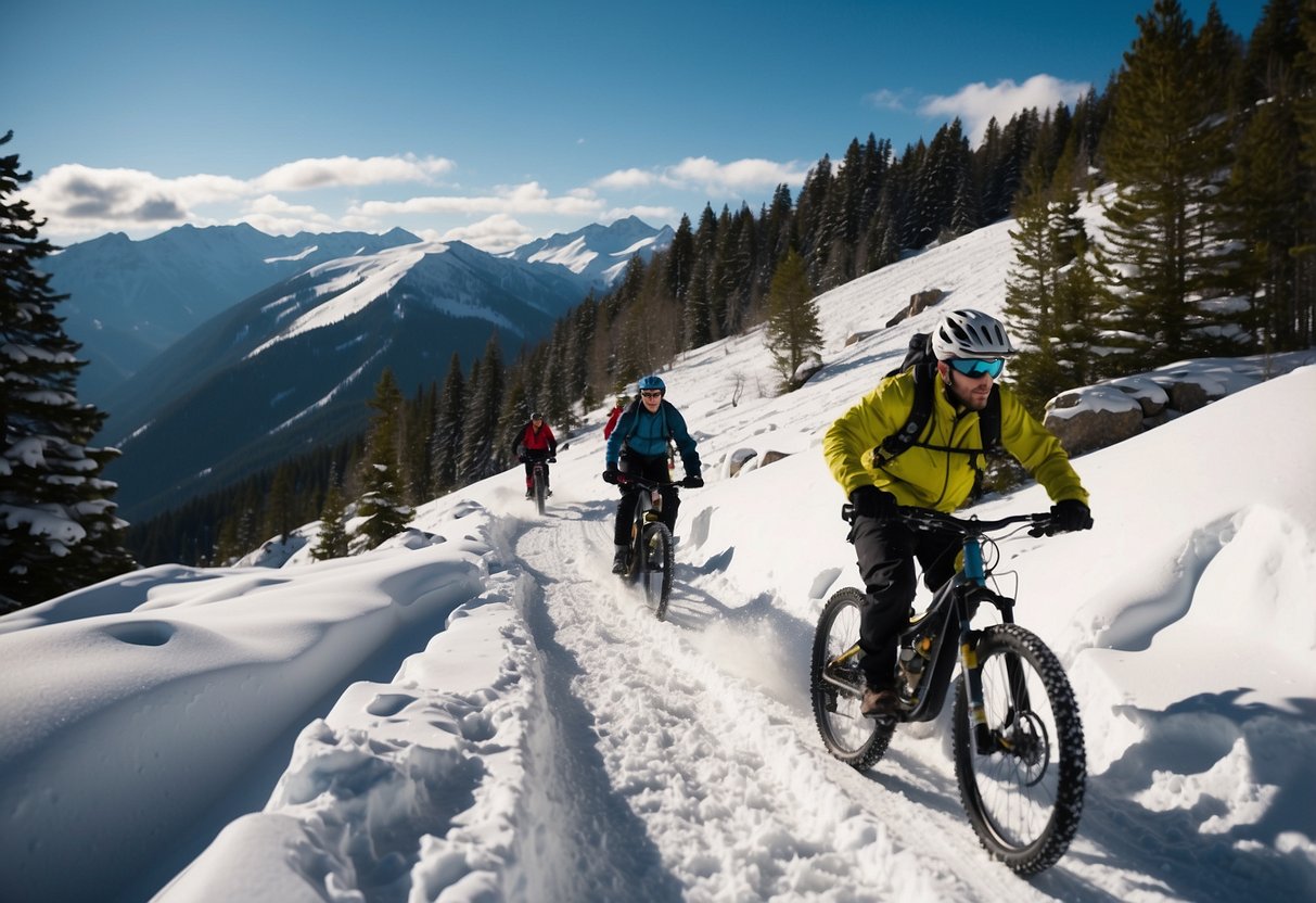 Snow-covered mountain trails wind through pine forests, with bikers navigating steep slopes and rocky terrain. A bright blue sky contrasts with the white landscape