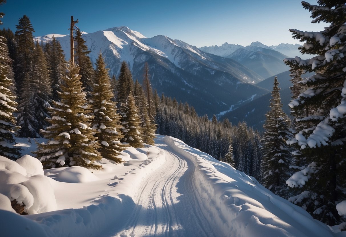 Snow-covered mountains surround a winding trail through the forest, with fat tire tracks cutting through the fresh powder. A colorful town sits nestled at the base of the peaks