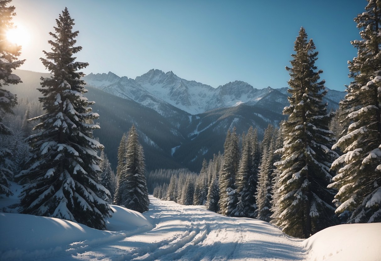 Snow-covered mountains surround a small town. Bikers navigate through winding trails. Pine trees line the paths, creating a serene winter scene