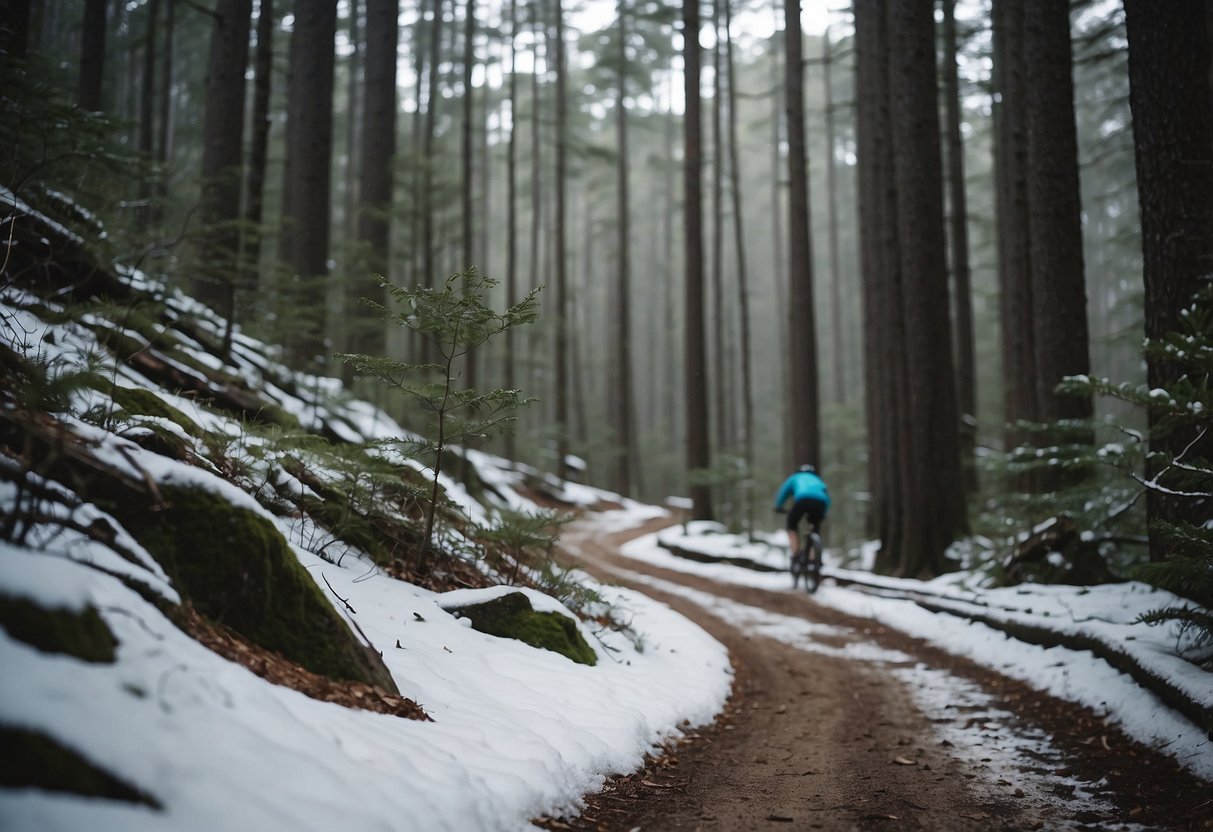 Snow-covered trails wind through the dense forest, with tall pine trees and rocky outcroppings creating a picturesque winter mountain biking scene in Pisgah National Forest, North Carolina