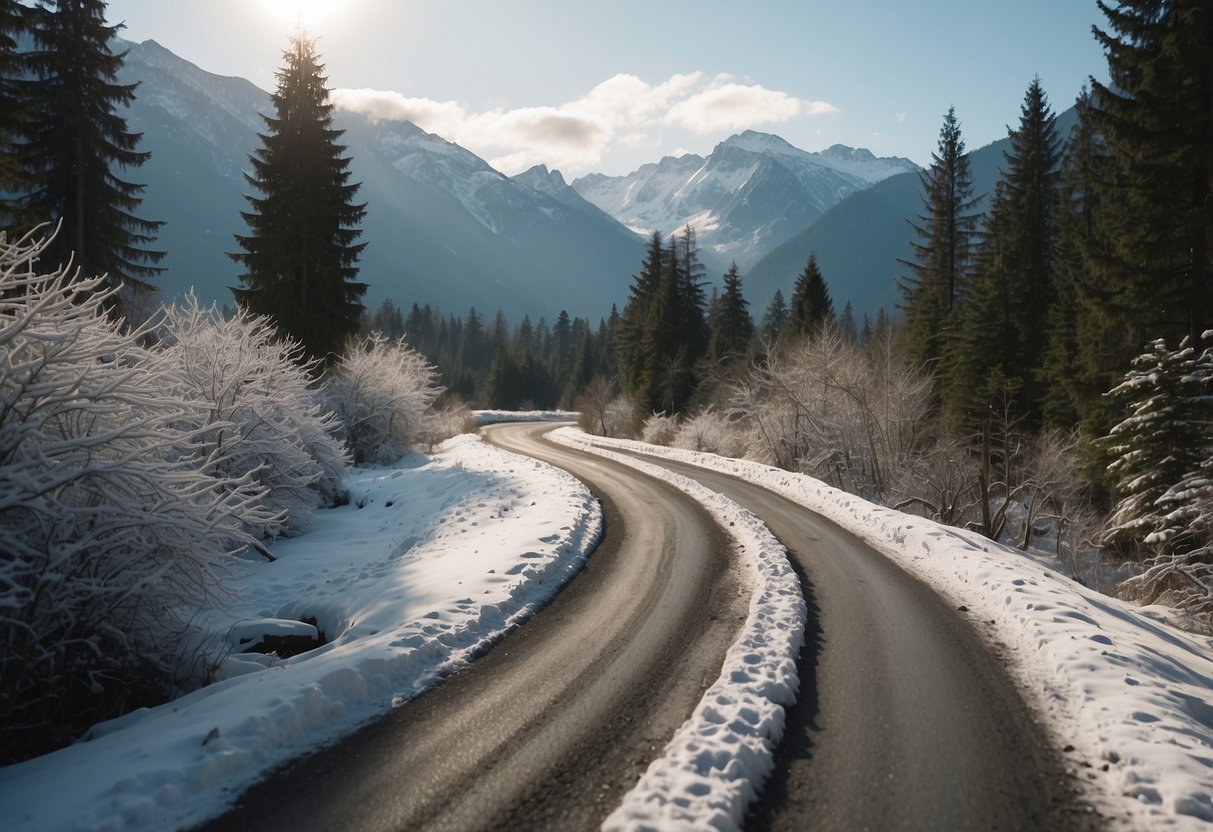 Snow-covered mountains surround a winding trail through the forest. Bikers navigate the icy terrain, surrounded by the peaceful beauty of Squamish, British Columbia