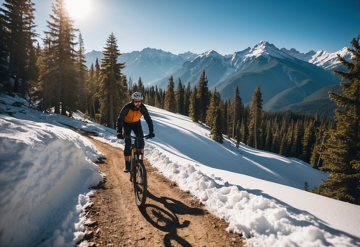 A snowy mountain trail with a winding path, evergreen trees, and a clear blue sky. A mountain bike with studded tires navigates the terrain, with snow-capped peaks in the background