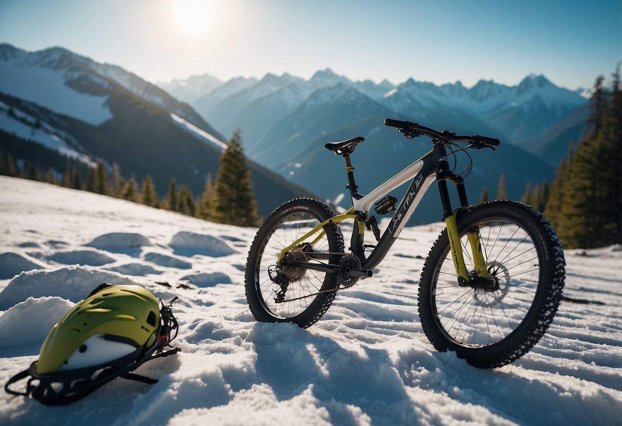 A snow-covered mountain trail with a mountain bike, helmet, goggles, and winter gear laid out. Snow-capped peaks in the background