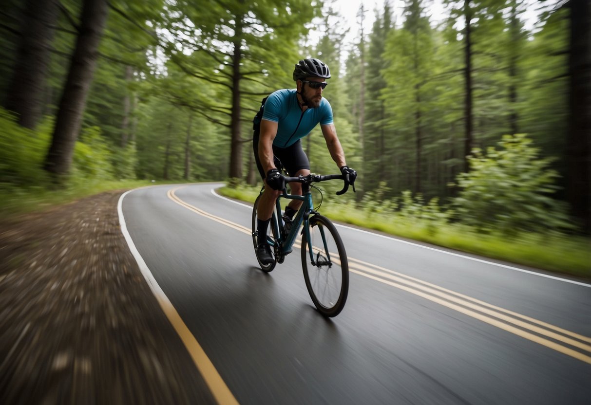 A cyclist smoothly pedals along a scenic trail, wearing well-fitted biking gloves and thick, moisture-wicking socks. The bike's handlebars are adjusted to the rider's comfort, and the tires are properly inflated