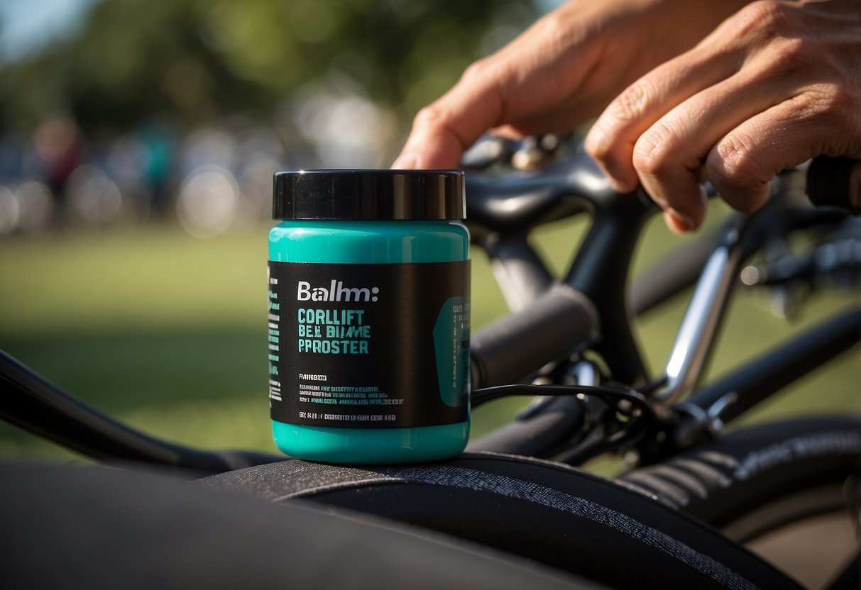 A cyclist applies anti-chafe balm to their bike seat before a ride, preventing blisters. The balm is shown next to a bike and other biking gear