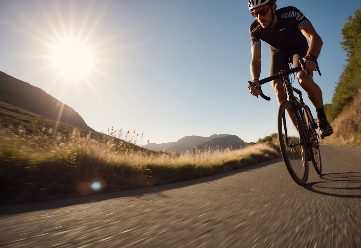 A cyclist rides along a winding road, gradually breaking in new shoes. The sun shines overhead as they pedal smoothly, avoiding any discomfort or blisters