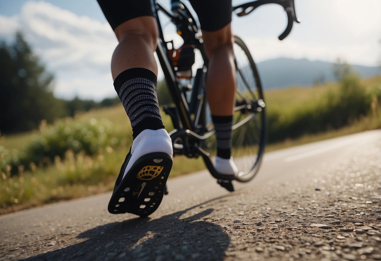 A cyclist wearing synthetic socks rides smoothly, avoiding cotton. Seven tips for blister-free biking are displayed nearby