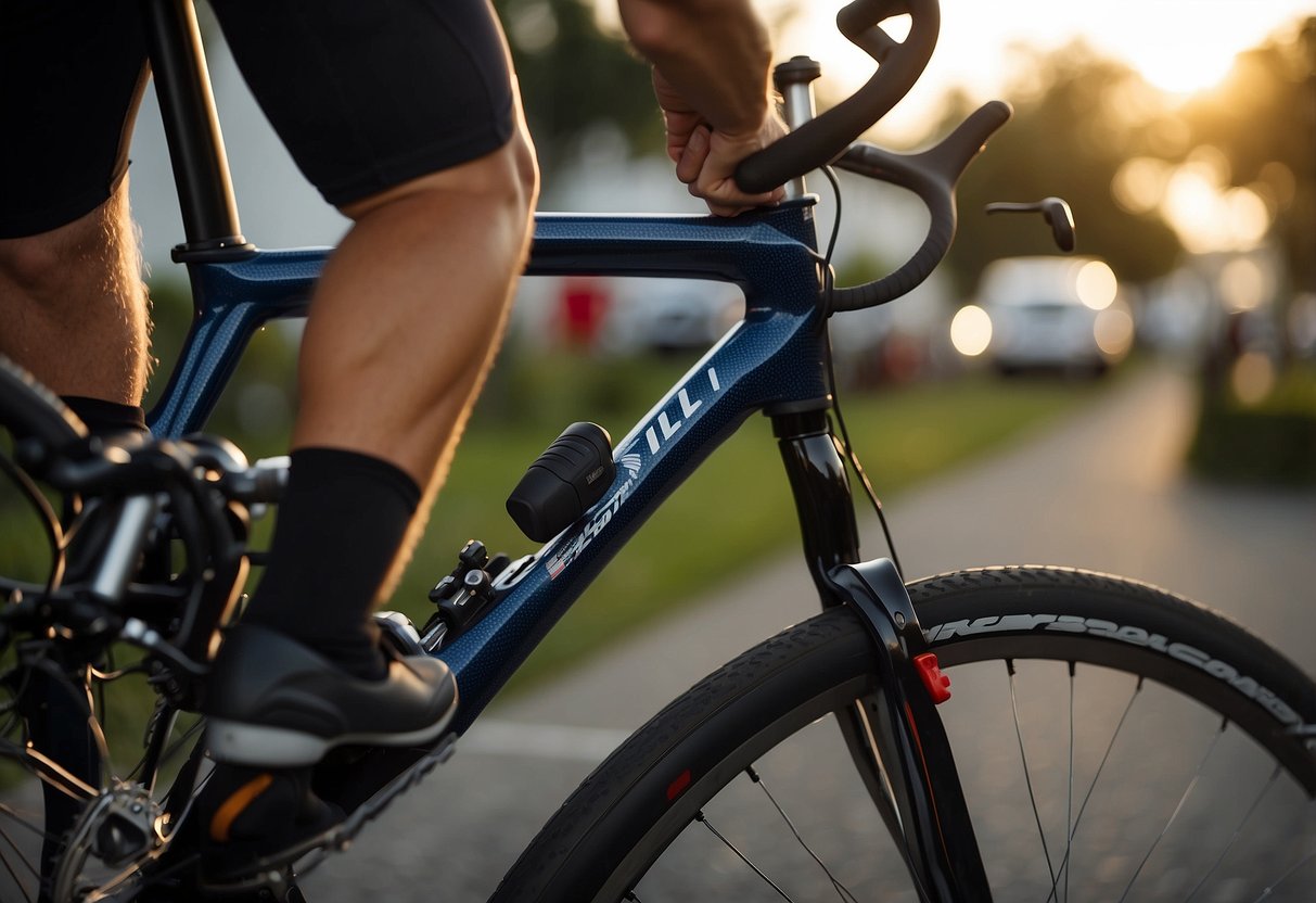 A bicycle being adjusted for proper fit, with attention to handlebar and seat positioning. A cyclist's foot is shown pedaling smoothly, with no sign of blisters