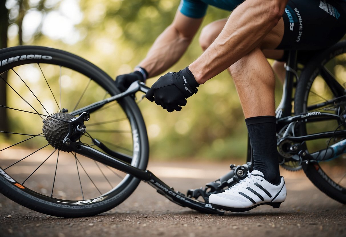 A cyclist applies lubricant to bike shoes, checks tire pressure, and wears moisture-wicking socks. They adjust shoe fit, use padded gloves, and avoid friction points