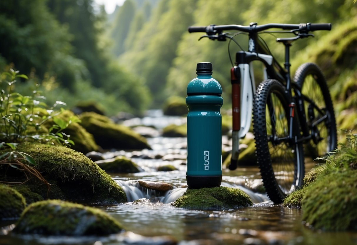 A mountain bike parked next to a clear, flowing stream. A water bottle is being filled from the stream, surrounded by lush greenery