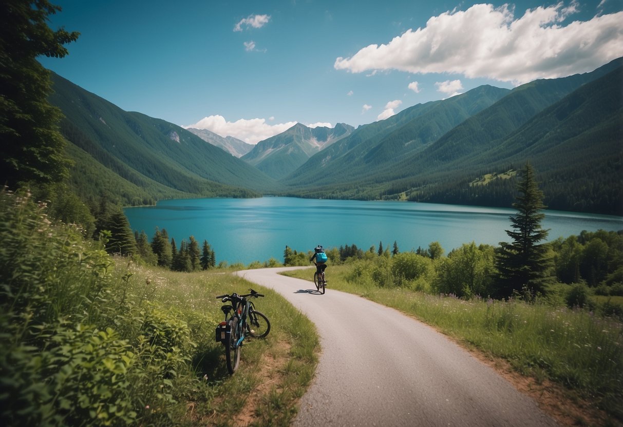 Clear blue lake surrounded by lush green mountains, with a winding bike trail along the shore