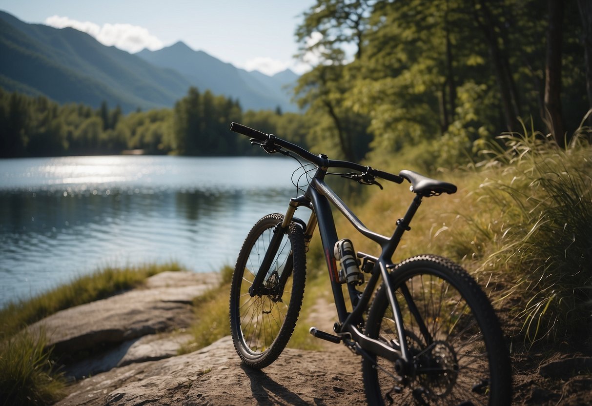 A mountain bike parked next to a clear stream, a water bottle being filled up. In the background, a scenic view of a lake with a cyclist riding along the shore