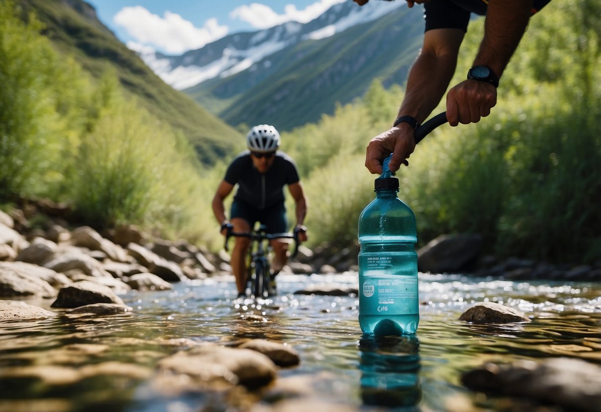 A cyclist filling up their water bottle from a natural spring, with a clear mountain stream in the background