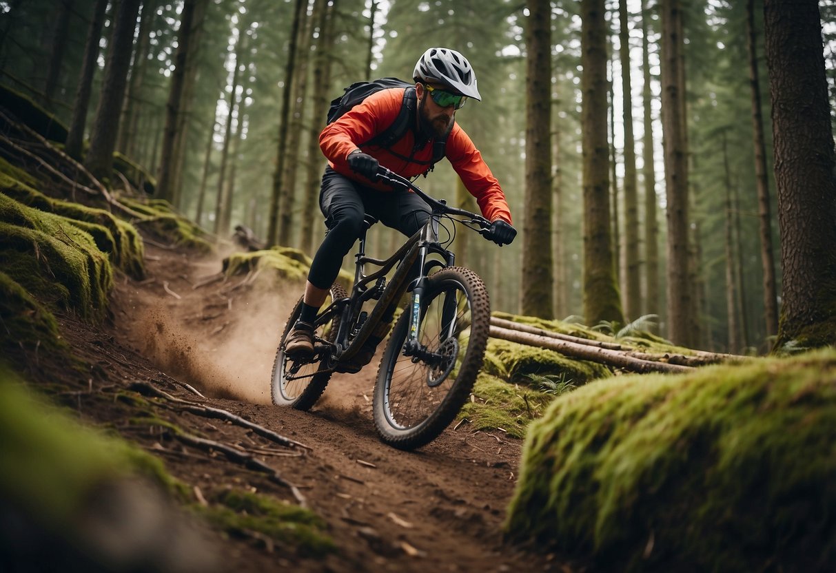 A mountain bike glides silently through a pristine forest, leaving no tire tracks or disturbance to the natural surroundings. The rider carefully avoids skidding or disturbing the terrain, ensuring minimal impact on the environment