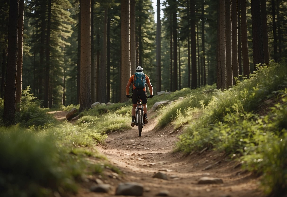 A mountain biker follows a marked trail, passing by a sign that lists 10 ways to leave no trace while biking. The trail is surrounded by trees and rocky terrain