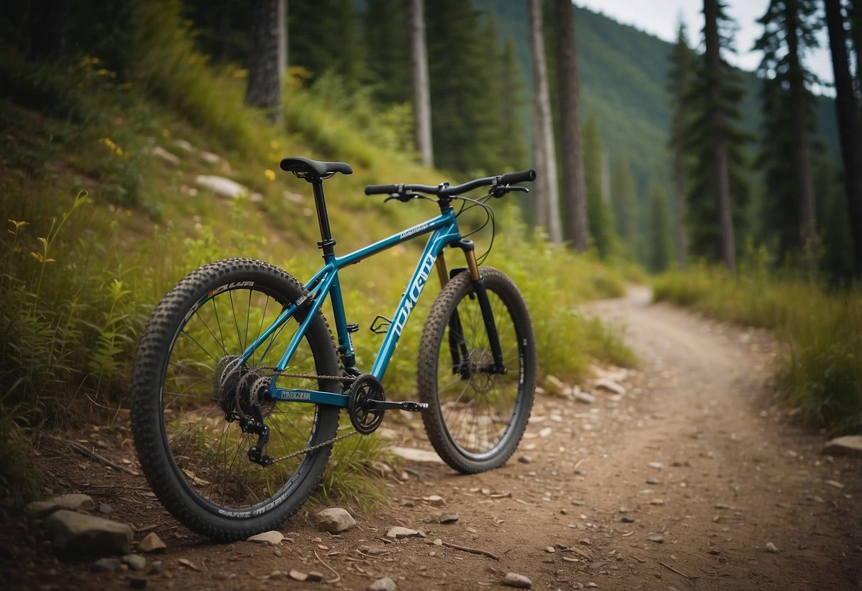 A mountain bike parked next to a trail with a sign reading "Pack Out All Trash" surrounded by 10 different examples of leaving no trace, such as using designated trails and avoiding disturbing wildlife