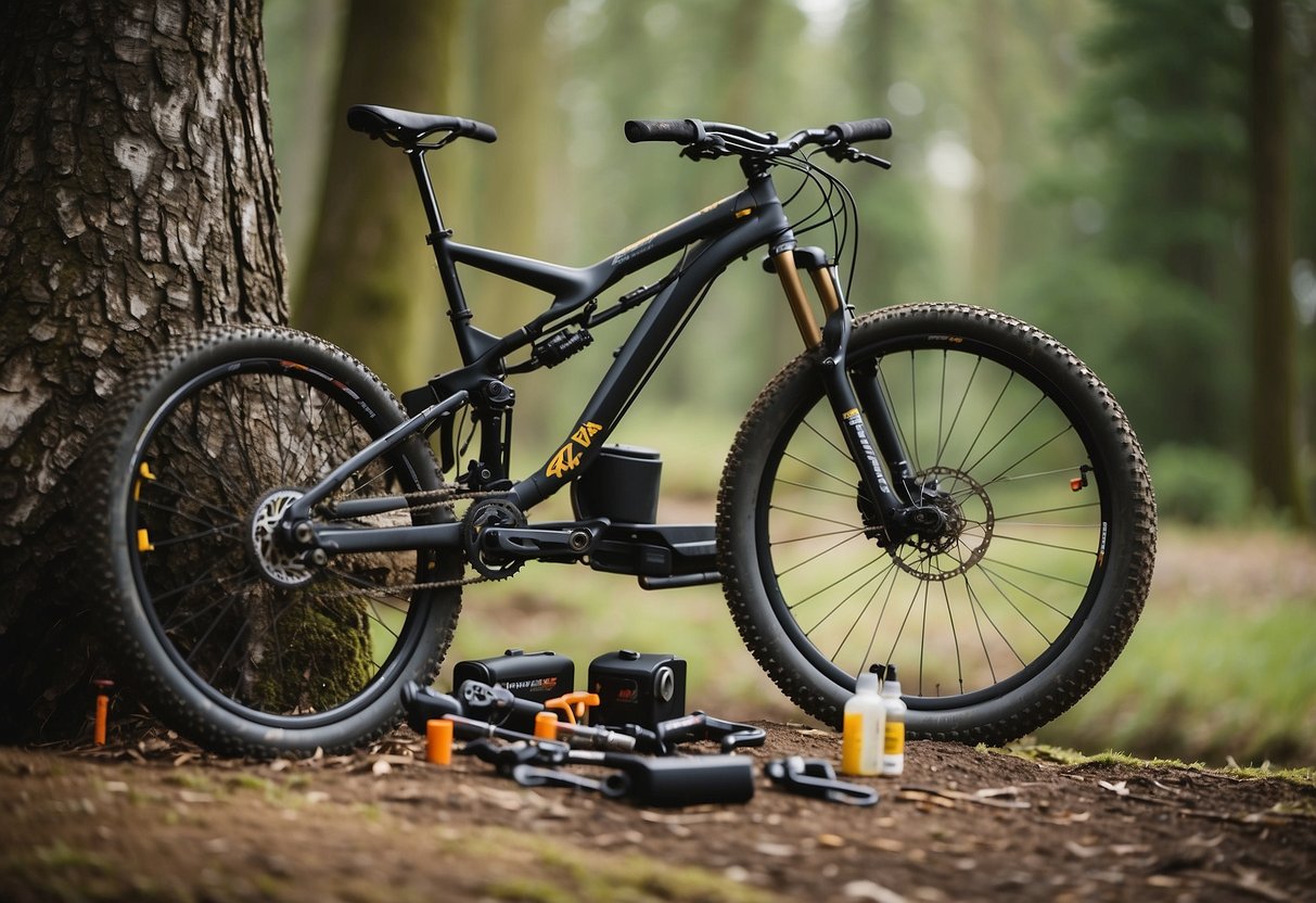 A mountain bike resting against a tree, with a portable repair kit placed next to it. The kit includes tools and spare parts, neatly organized and ready for use