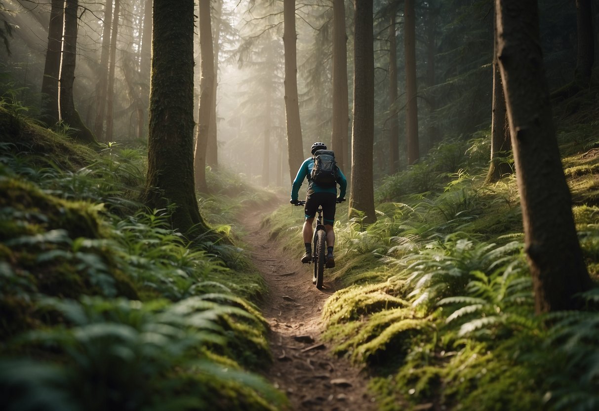 Lush forest trail with diverse wildlife, mountain biker passing by without disturbing the environment. No trace of human impact visible