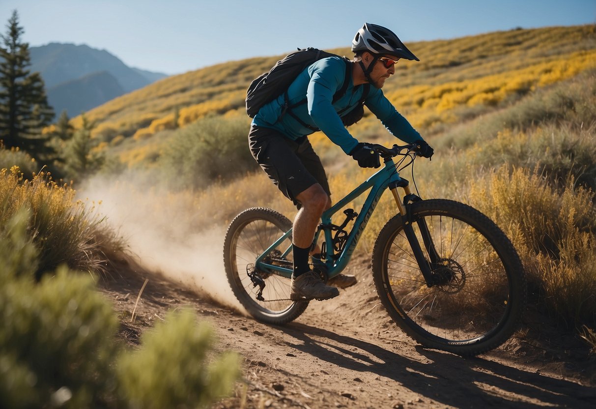 A mountain biker follows local regulations, leaving no trace. They ride on designated trails, pack out all trash, and avoid disturbing wildlife