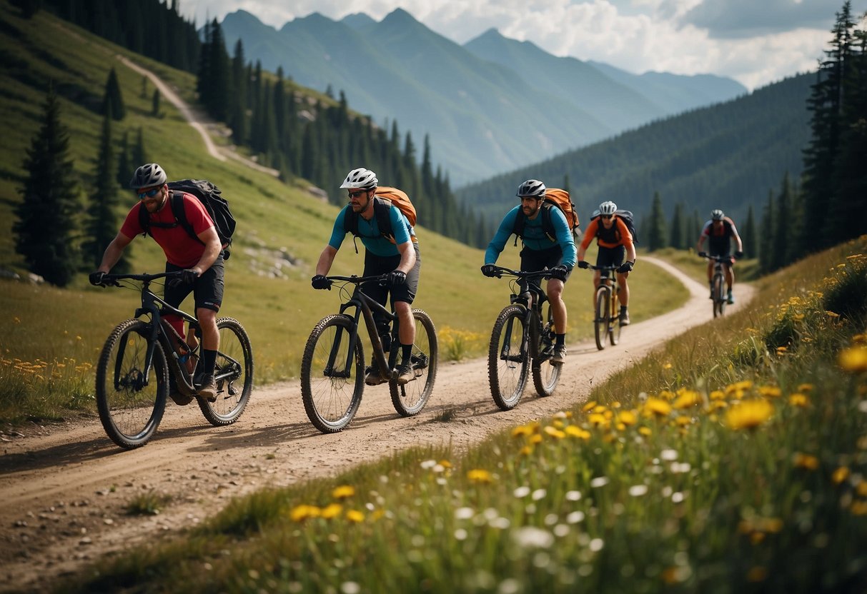 Mountain bikers yield to hikers and horses on a trail. They follow 10 ways to leave no trace, like staying on the path and avoiding skidding