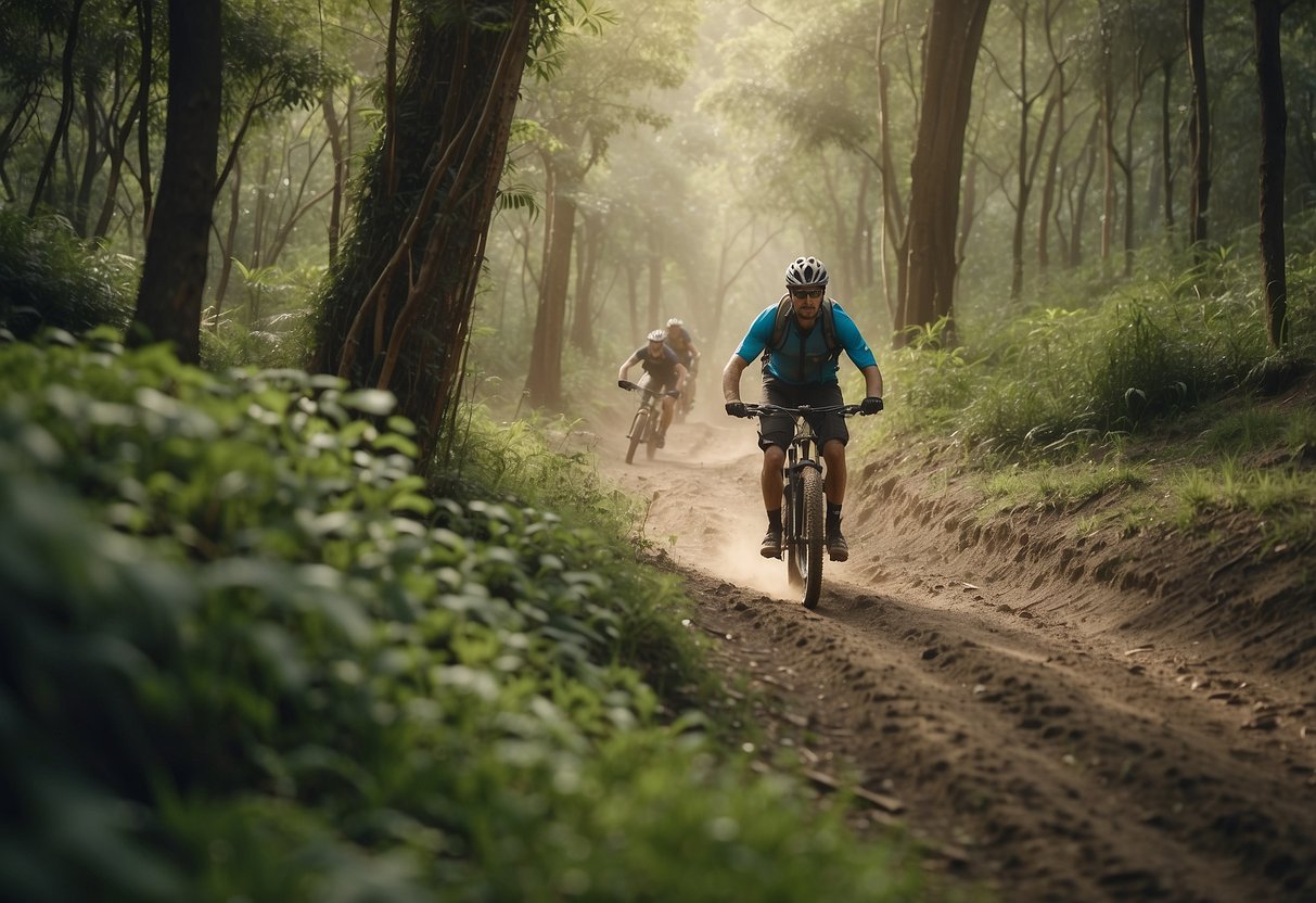 A mountain bike rides along a dry and clean trail, surrounded by lush greenery and wildlife. The path is free of mud and water, leaving no trace of the biker's presence