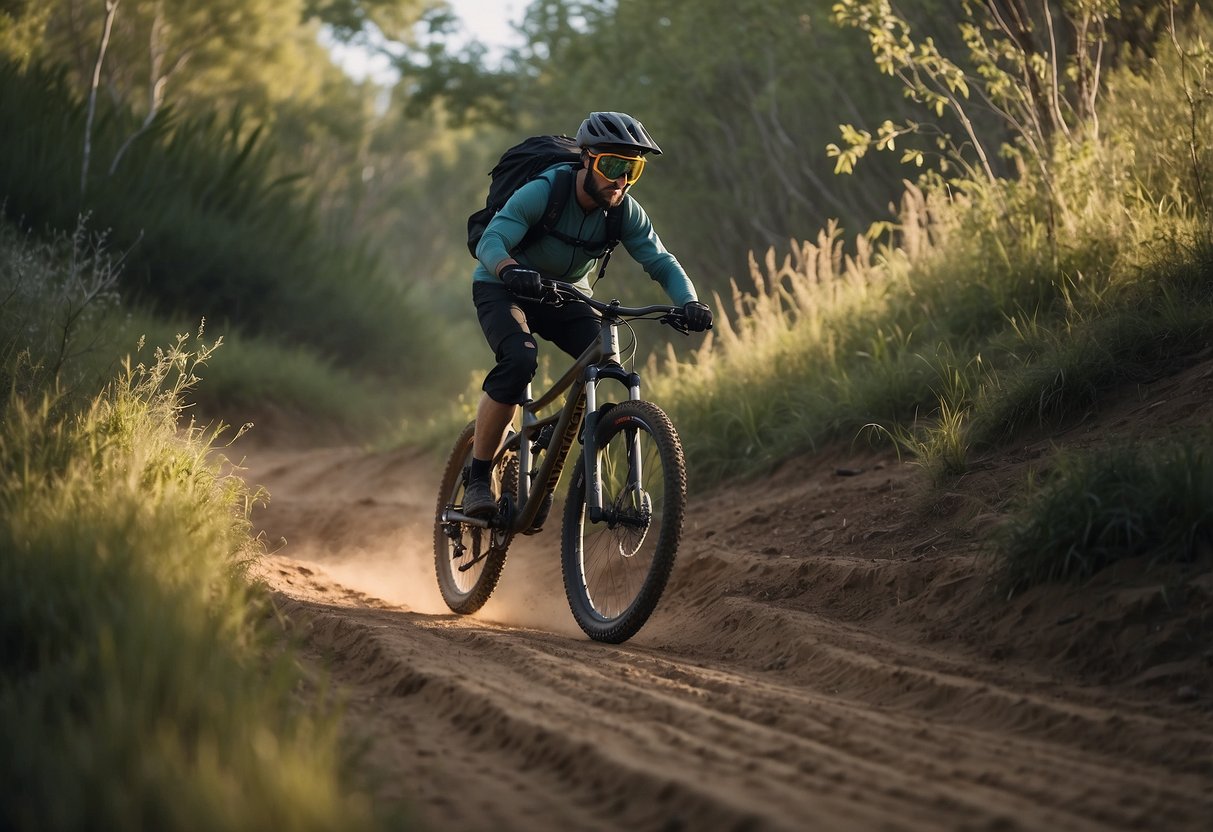 A mountain bike travels along a dirt trail, leaving no trace behind. The rider avoids disturbing wildlife and stays on designated paths, preserving the natural environment