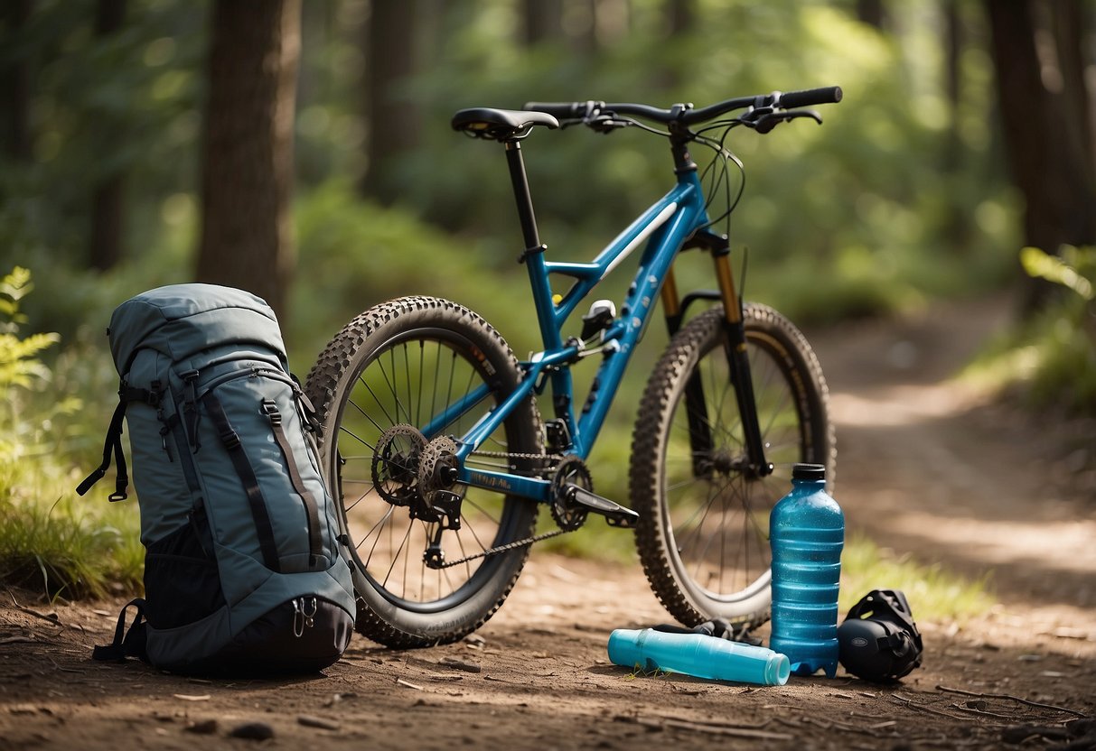 A mountain bike parked next to a trail, with a rider's backpack and water bottle placed neatly on the ground. Nearby, a sign with 10 guidelines for leaving no trace while mountain biking