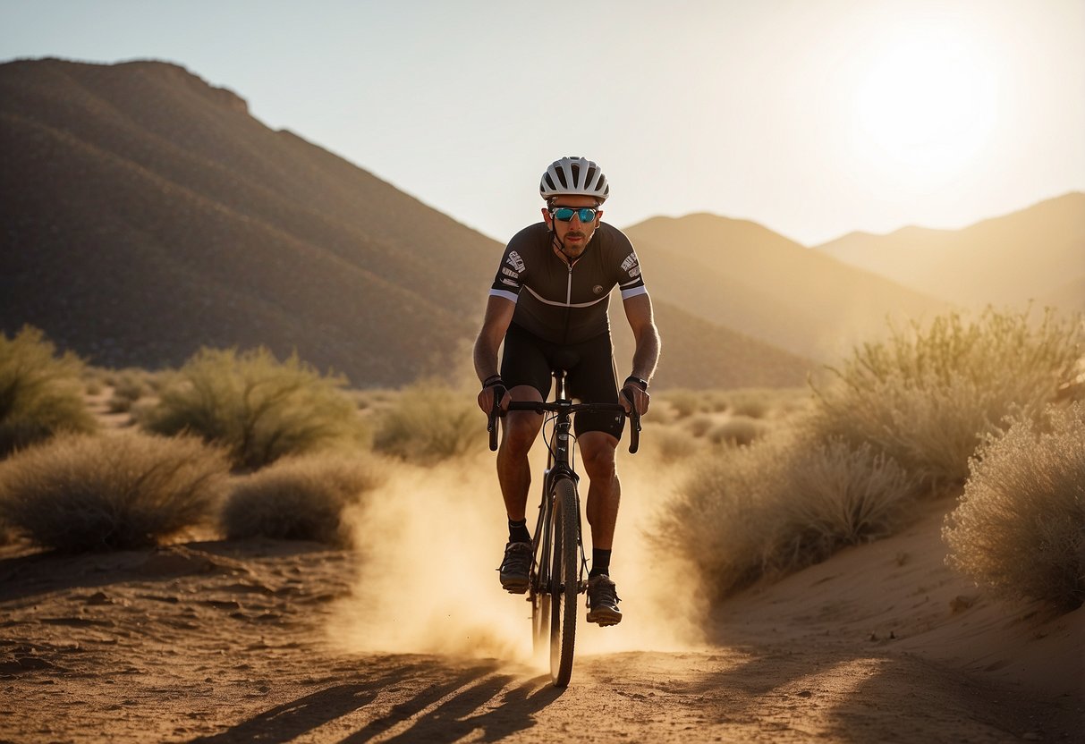 A cyclist rides through a desert landscape with intense sunlight, wearing a wide-brimmed hat and sunglasses. They carry a water bottle and wear lightweight, breathable clothing. The sun beats down on the dry, dusty terrain