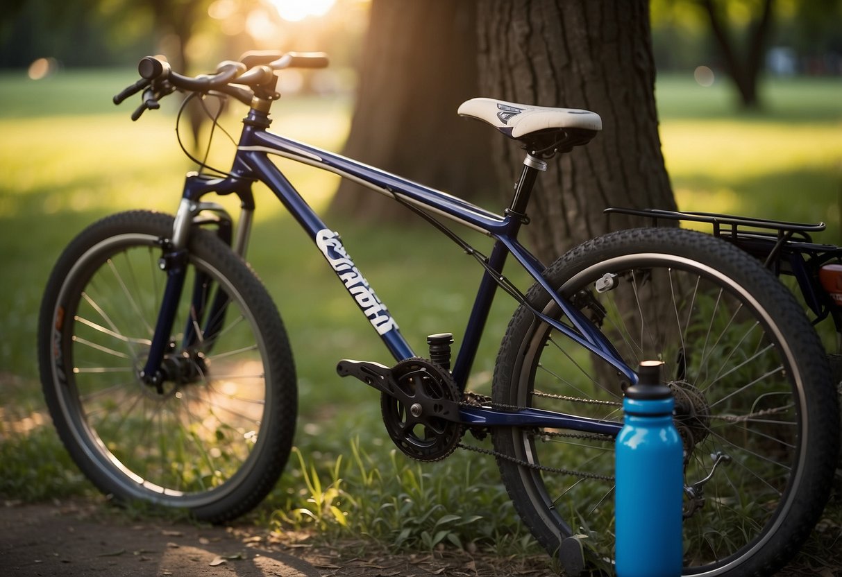 A bicycle parked in the shade of a tree with the sun high in the sky. A water bottle and sunscreen are placed next to the bike