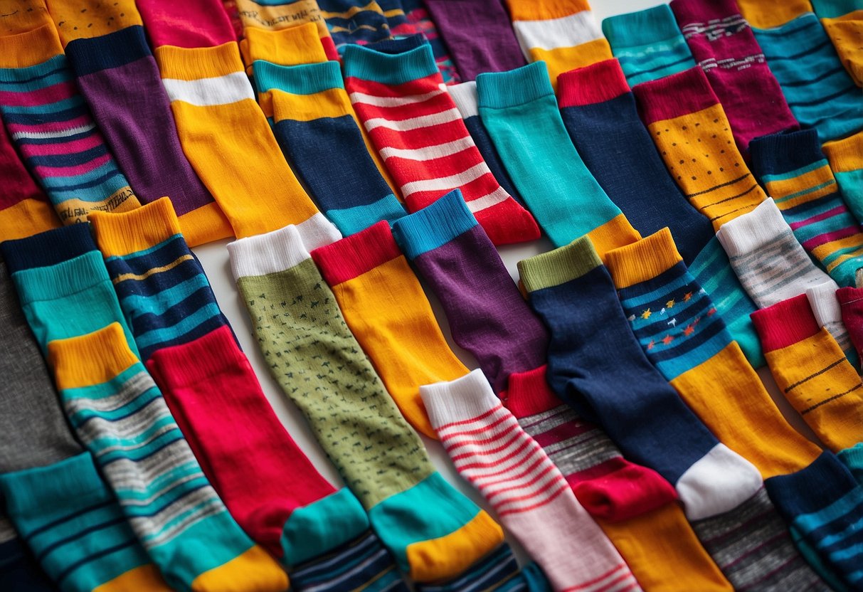 A colorful array of biking socks arranged in a neat row, showcasing different patterns and designs. The socks are displayed on a clean, white background, with a subtle shadow adding depth to the composition