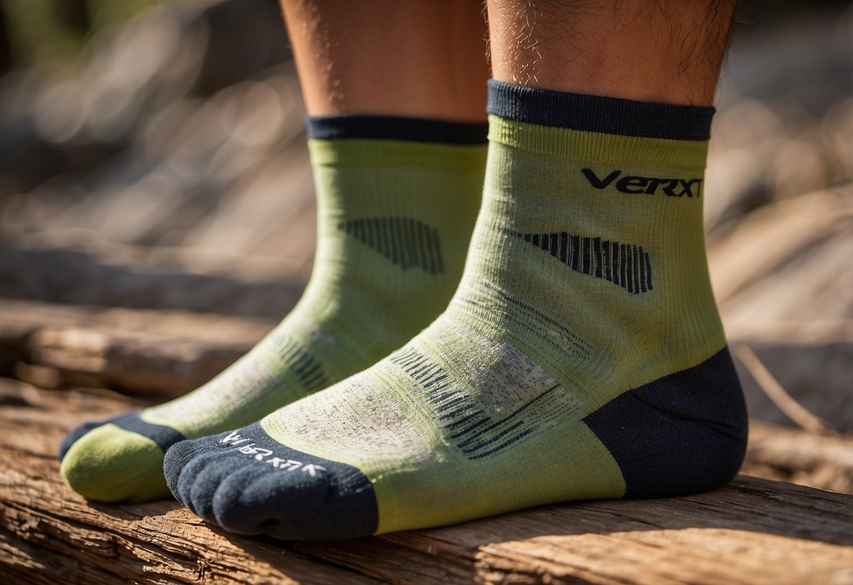 A pair of Darn Tough Vertex Micro Crew Ultra Light biking socks on a clean, white surface with a subtle shadow