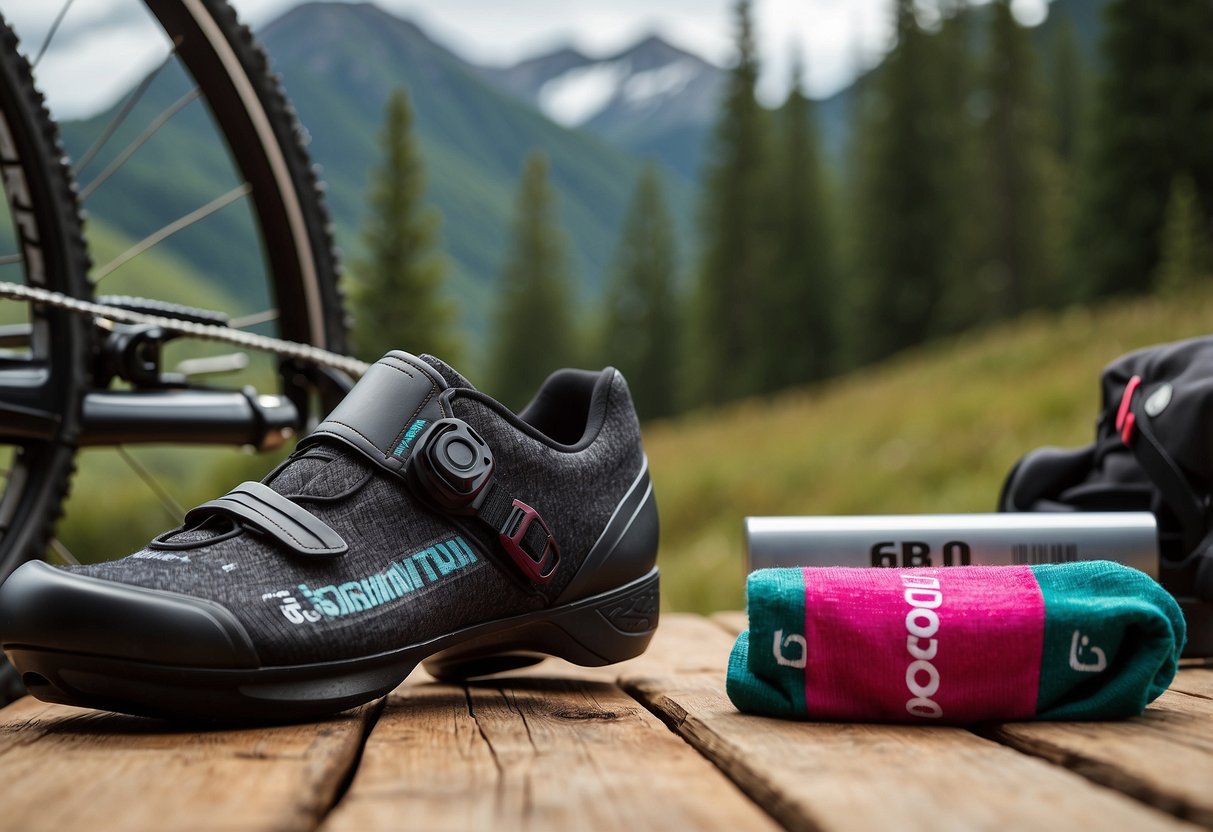 A pair of Giro Comp Racer High Rise 5 biking socks laid out on a wooden surface, with a mountain bike and helmet in the background