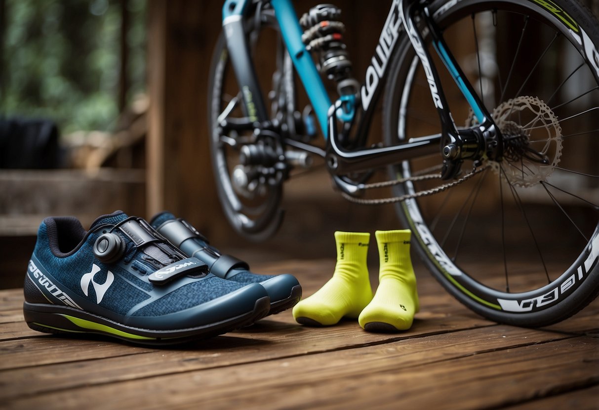 A pair of Pearl Izumi Elite Tall Socks are neatly arranged on a wooden table, surrounded by biking gear and a sleek bicycle