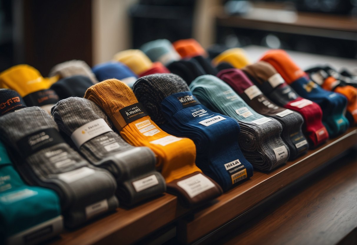 A table displaying various types of biking socks, including wool, synthetic, and compression fabrics, alongside packaging and branding materials