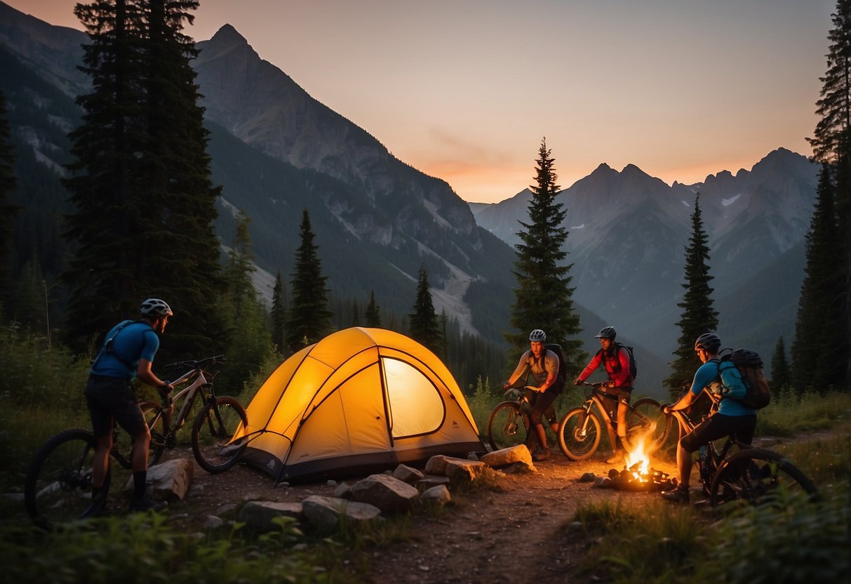 Mountain bikers setting up tents in a forest clearing, surrounded by towering peaks and a winding trail. A campfire burns as the sun sets behind the mountains, casting a warm glow over the scene