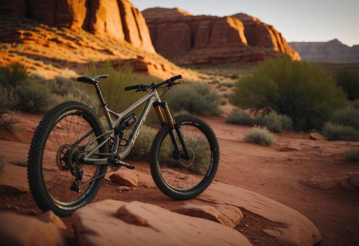 A group of mountain bikers set up camp at Moab Brand Trails, Utah, surrounded by red rock formations and desert vegetation. The sun sets in the distance, casting a warm glow over the rugged landscape