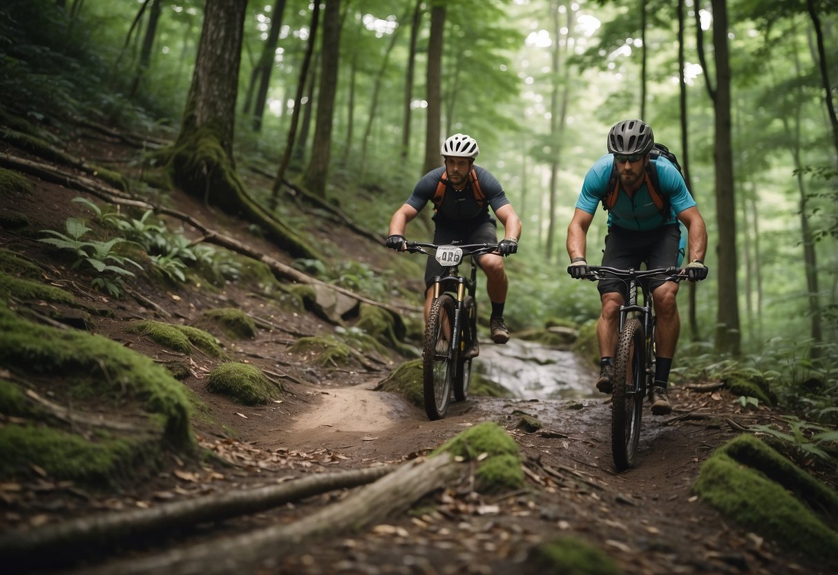 Mountain bikers navigate winding trails through Pisgah National Forest, passing lush greenery and cascading waterfalls