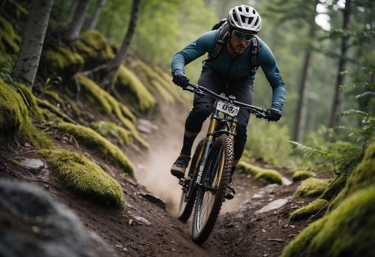 A mountain biker navigates a rugged trail, equipped with a budget-friendly bike, helmet, and protective gear. They carefully maneuver through rocky terrain, utilizing cost-effective techniques and tools