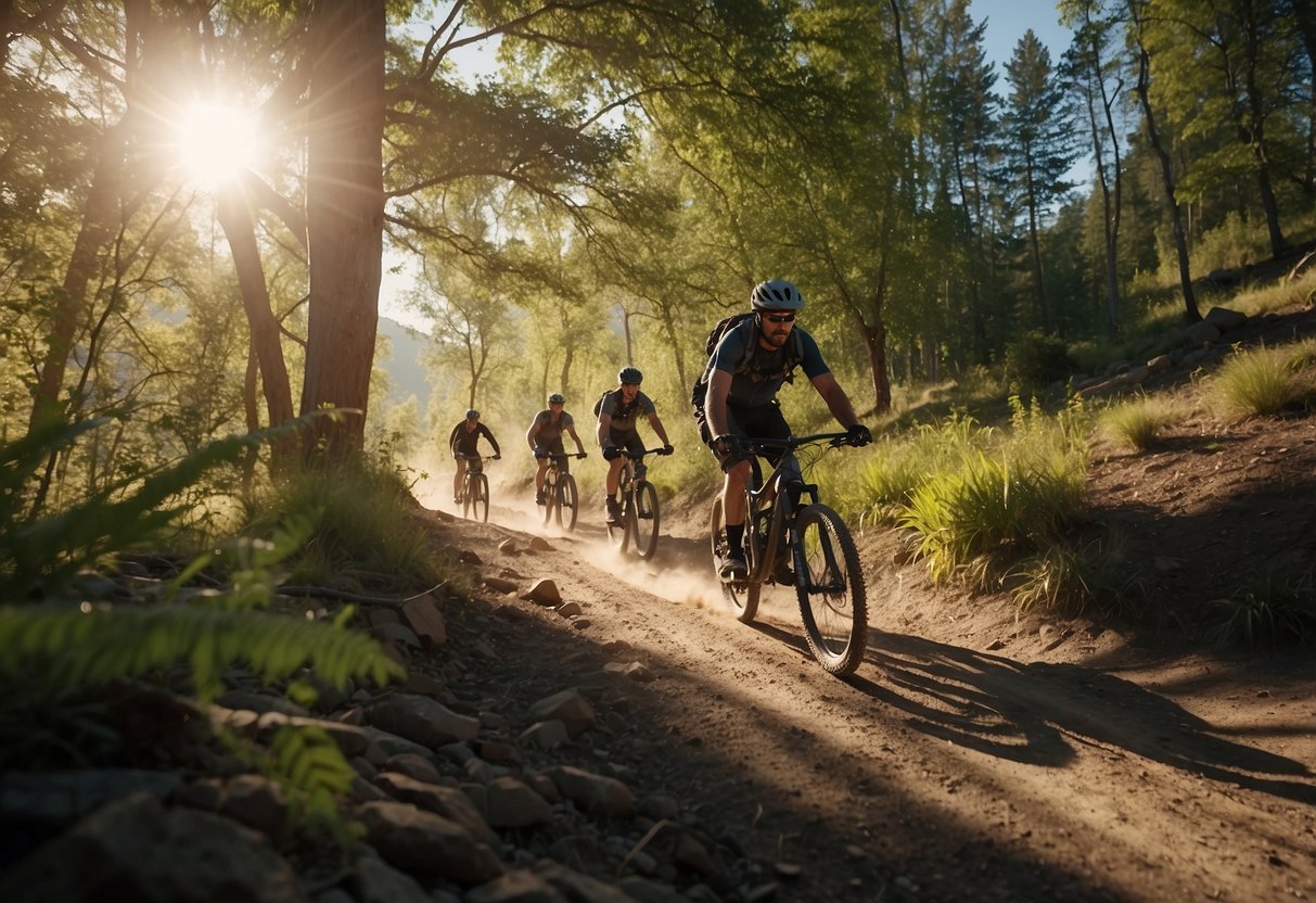 A group of bikers navigates through a rugged mountain trail, with a mix of dirt and gravel under their tires. The sun casts long shadows as they pedal along, surrounded by lush greenery and towering trees