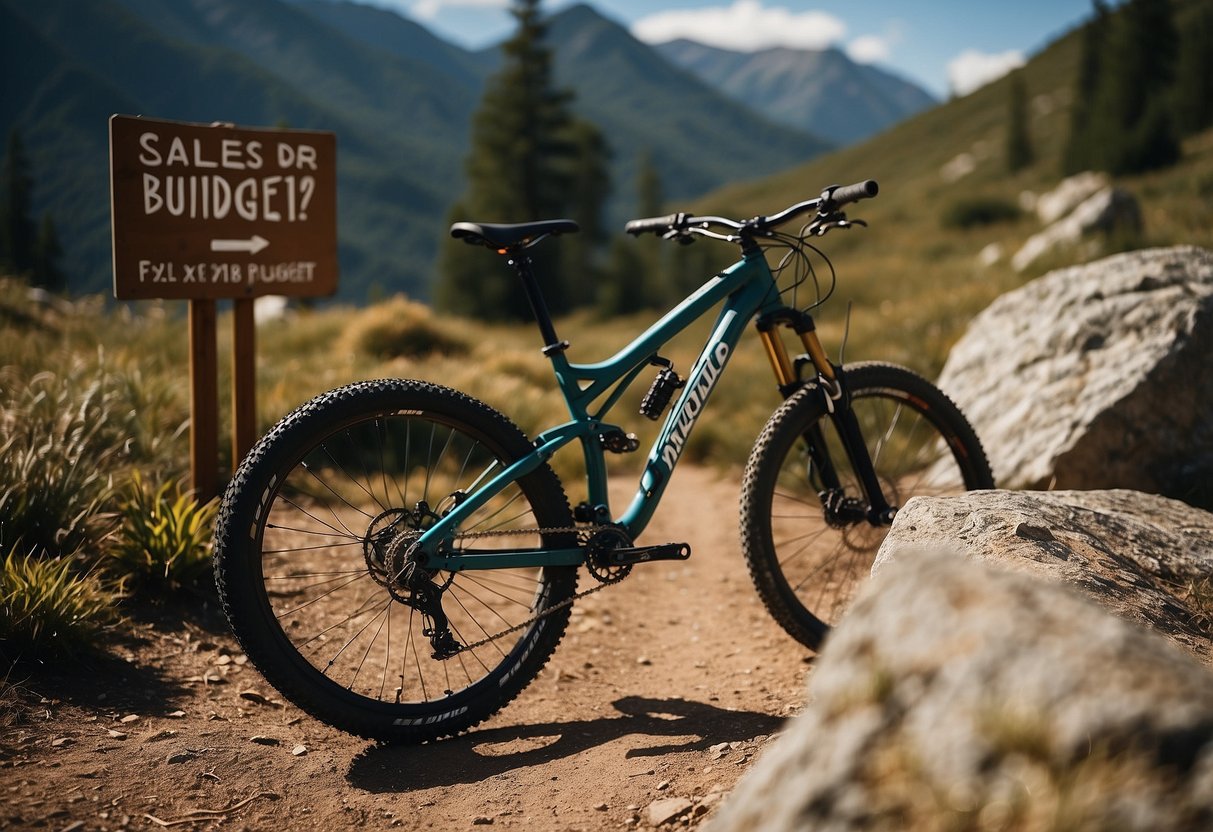 A mountain bike parked next to a sign reading "Sales 7 Tips for Mountain Biking on a Budget" with a scenic mountain trail in the background