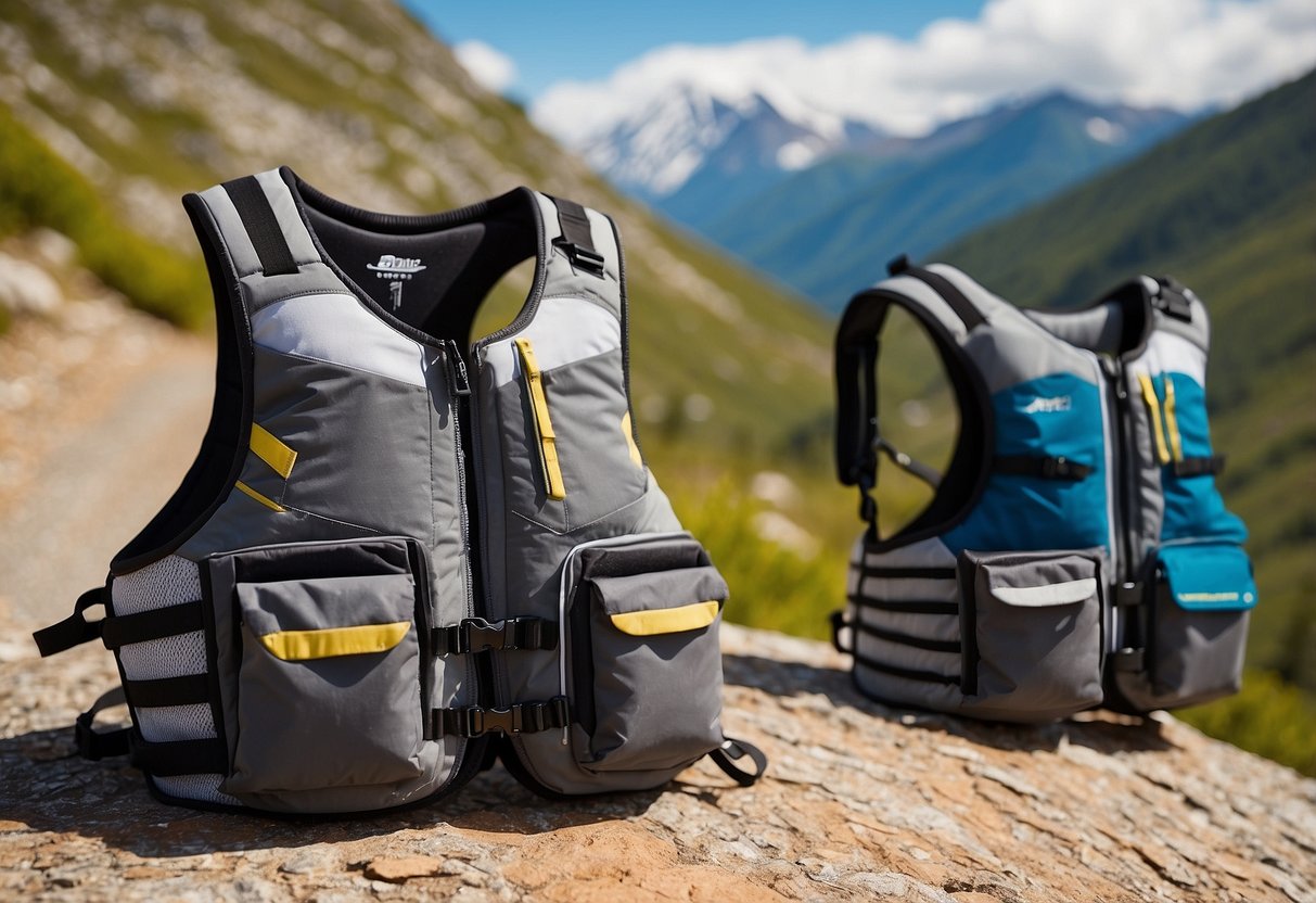 Mountain biking vests displayed on a rocky trail with scenic mountains in the background. Vests are lightweight and feature various colors and designs