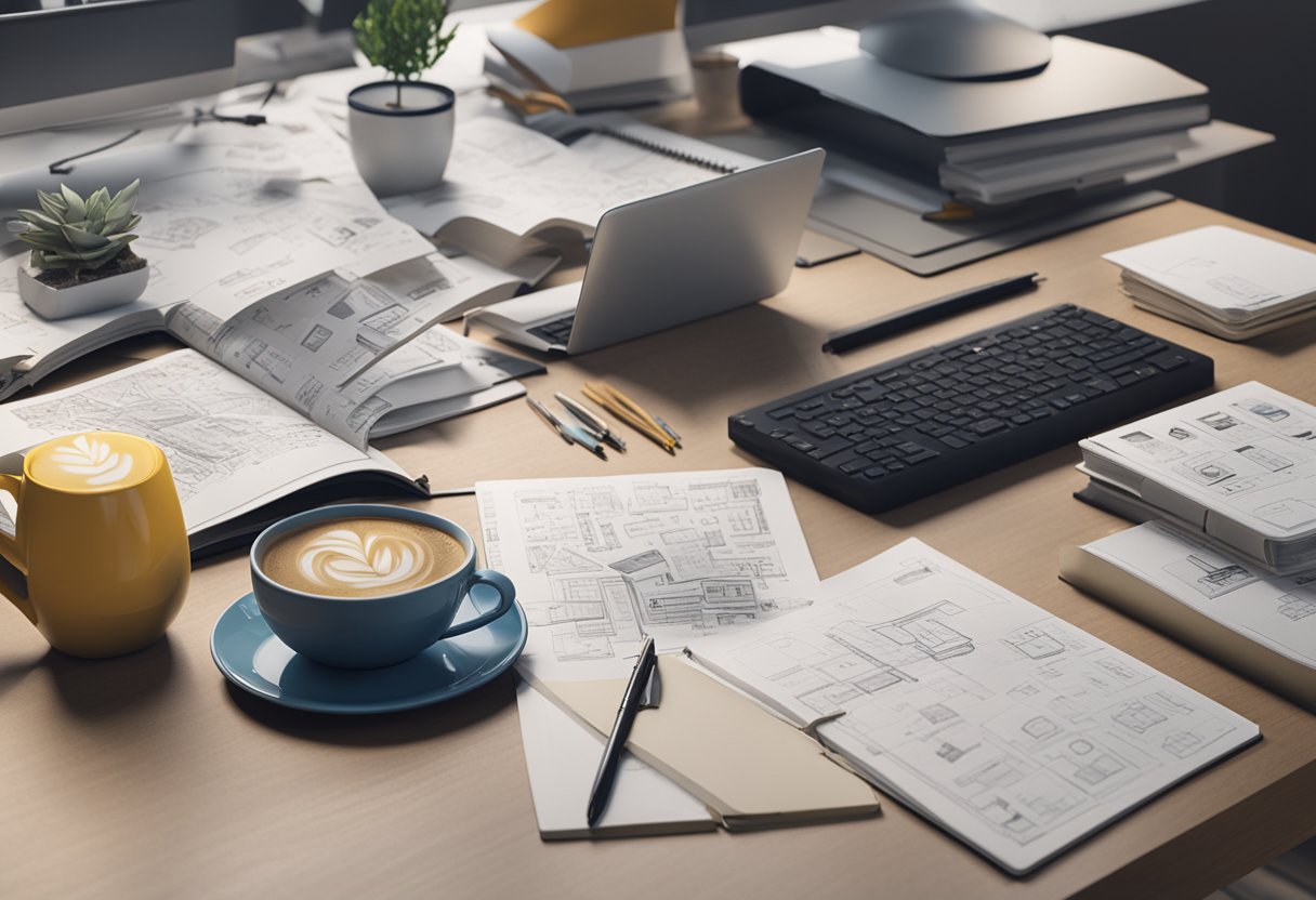 A cluttered desk with various typography books, a laptop, and design tools scattered around. A cup of coffee sits next to a notepad with sketches of different typefaces