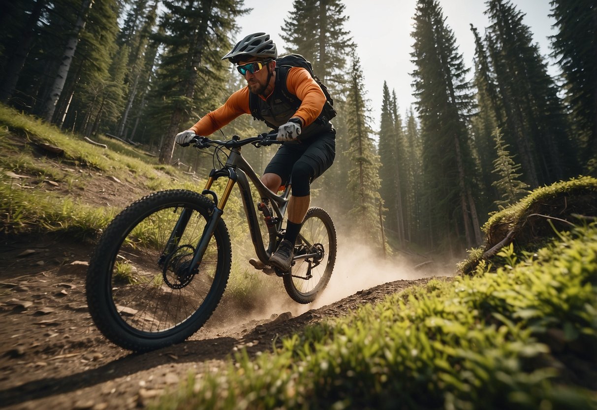 A mountain biker wearing the Fox Racing Ranger Wind Vest speeds down a rugged trail, surrounded by towering trees and rocky terrain. The lightweight vest flutters in the wind as the biker navigates the challenging landscape