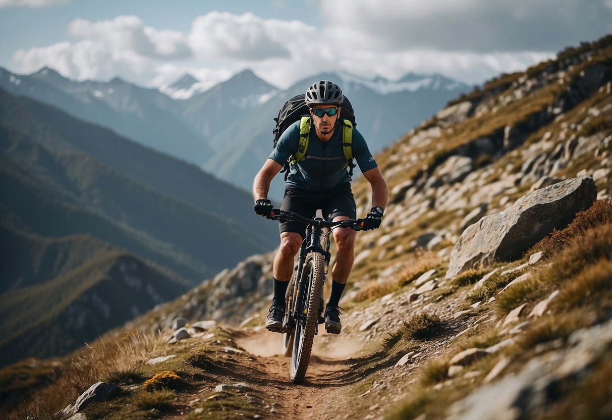 A mountain biker wearing a Gore Wear C3 Gore-Tex Active Vest riding through rugged terrain with a clear sky and mountains in the background