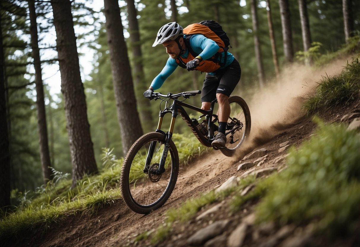 A mountain biker rides through a rugged trail, wearing a Pearl Izumi Pro Barrier Lite Vest. The lightweight vest flaps in the wind as the biker navigates through the challenging terrain