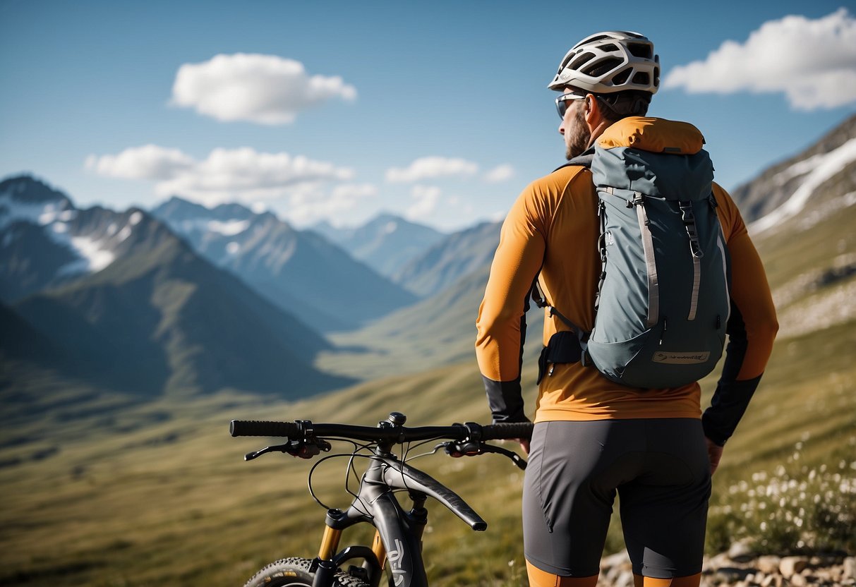 A mountain biker stands next to a lightweight vest, surrounded by rugged terrain and towering peaks. The vest is compact and breathable, with multiple pockets for storage